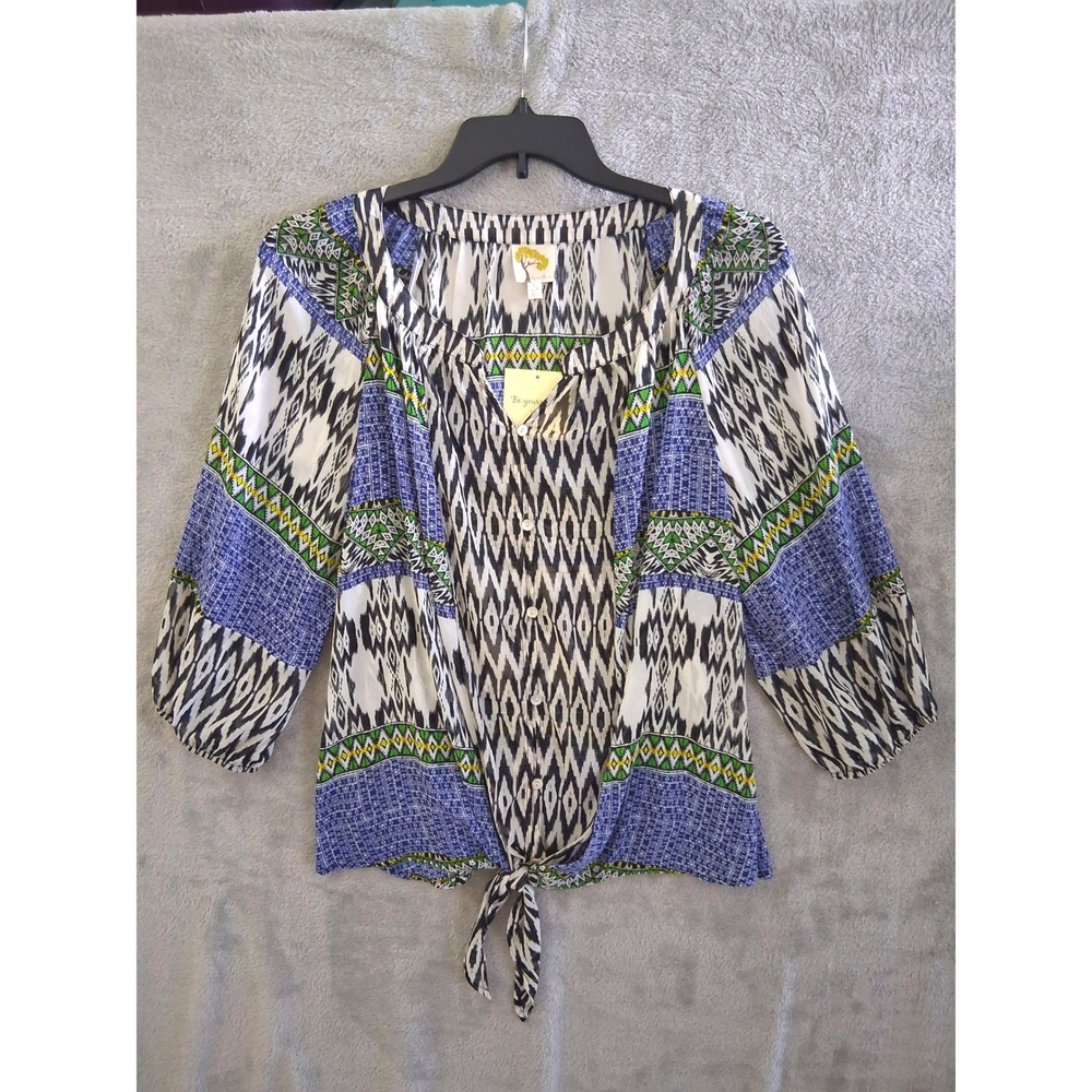 Fig Flower Top 2X Blue Ikat Tie Front Semi Sheer Flowy Boho Peasant Ikat Art New